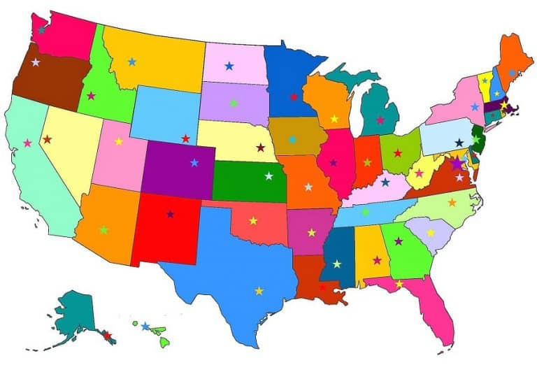 Colorful map of the United States with state capitals marked. 